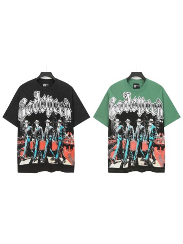 Godspeed Front White Gradient Gothic Script Four Suit Cowboy Hat Skeletons Crosswalk City Building Red Classic Car T-Shirt 2 colors 29353204