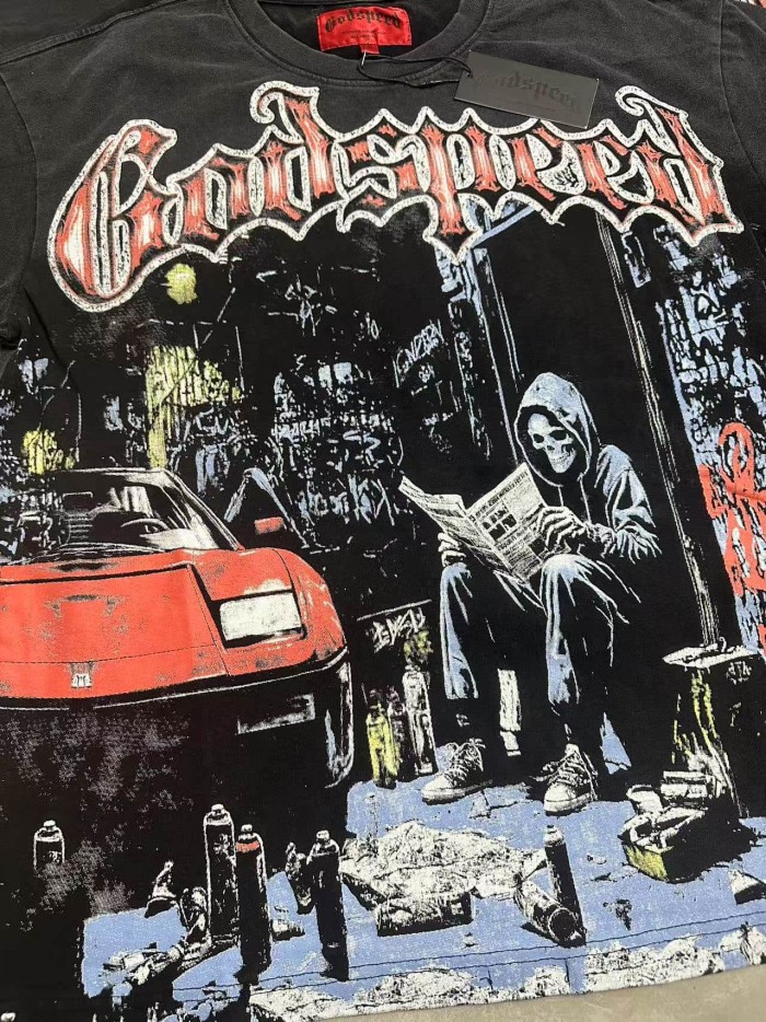 Godspeed Streetwear Front Red White Crackle Gothic Script Hooded Skeleton Reading Newspaper Graffiti Wall Red Sports Car T-Shirt 2 colors 29353219