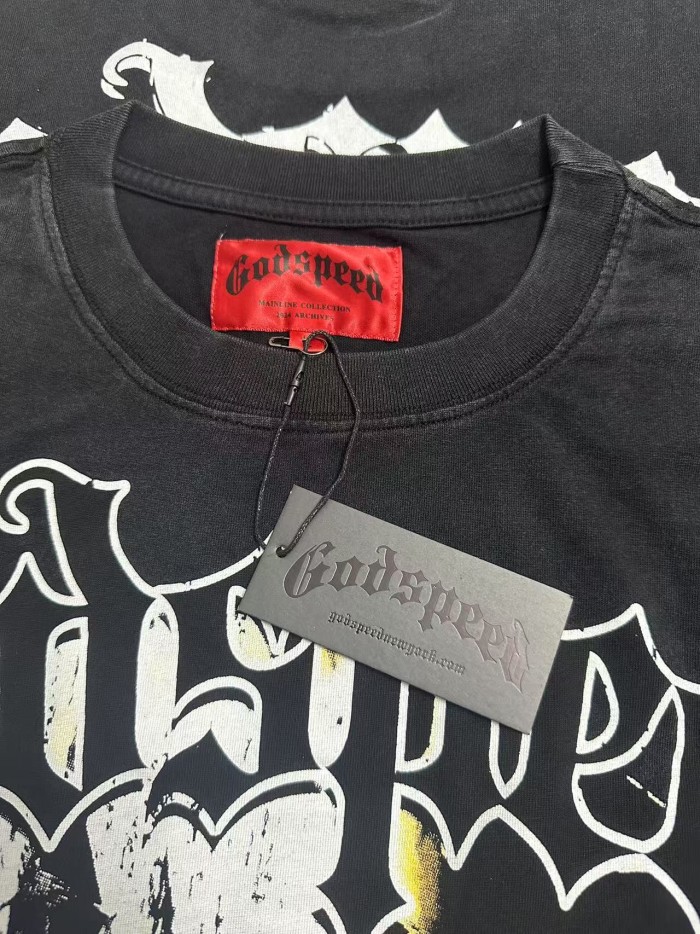Godspeed Streetwear Front White Outline Gothic Script Helmeted Skeleton Motorcycle Rider Cemetery Castle Fire Flame T-Shirt 29353200