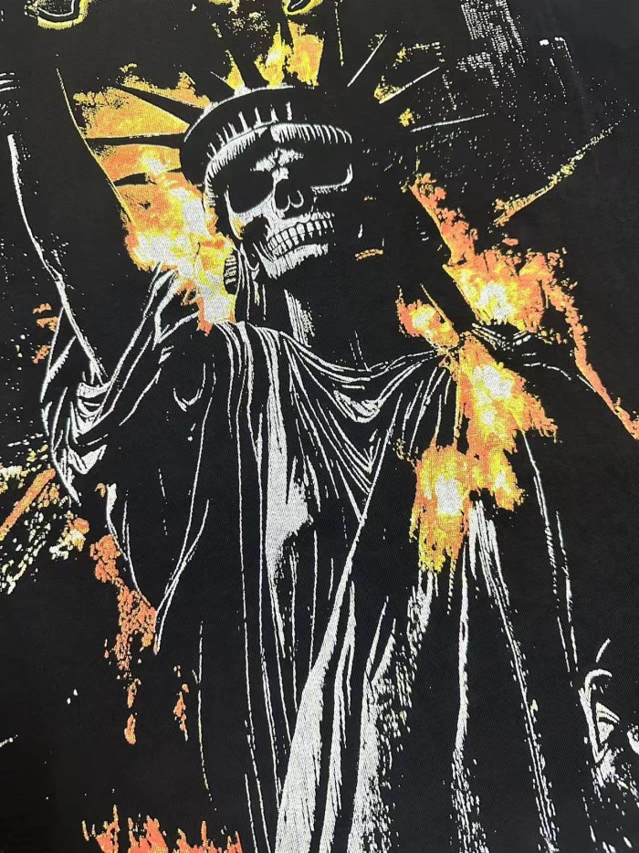 Godspeed Patriotic Hip Hop Streetwear Front Gold Orange Gradient Gothic Script Skull Statue Of Liberty Torch Fire City Skyline T-Shirt 29353196