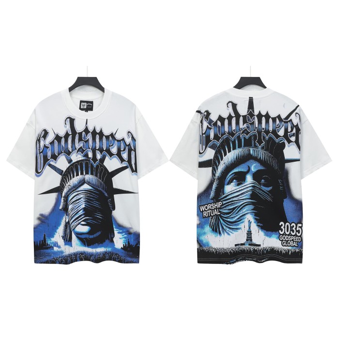 Godspeed Streetwear Front Blue Gradient Outline Gothic Script Bandaged Blindfold Statue Of Liberty City Skyline T-Shirt 2 colors 29353188