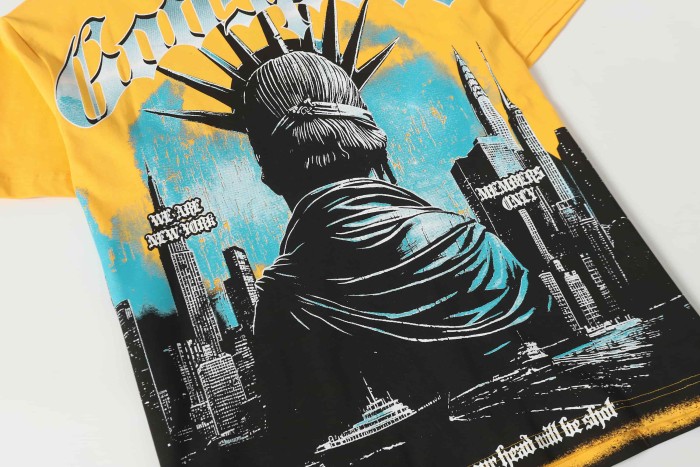 Godspeed Blue White Gradient Gothic Script Front View Statue Of Liberty City Skyscraper Crowd Graphic T-Shirt 2 colors 29353554