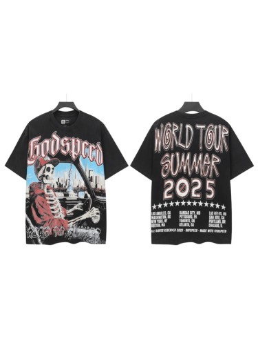 Godspeed Red White Outline Gothic Script Skeleton In Red Suit Hat Driving Car New York City Statue Of Liberty Distressed Graphic T-Shirt 29353453