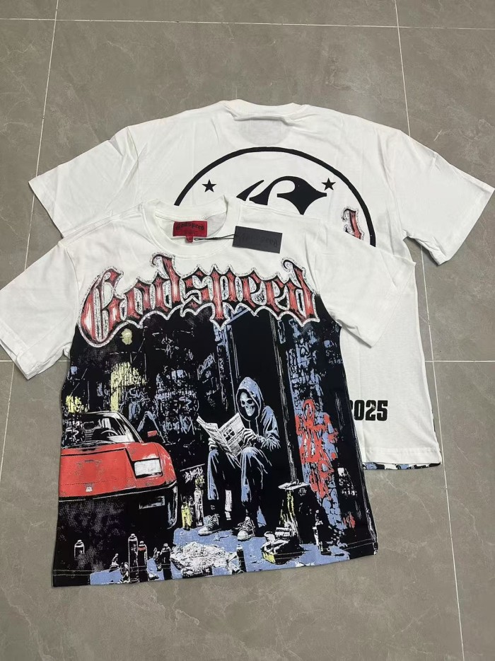 Godspeed Streetwear Front Red White Crackle Gothic Script Hooded Skeleton Reading Newspaper Graffiti Wall Red Sports Car T-Shirt 2 colors 29353219