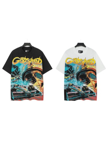 Godspeed Streetwear Front Helmet Skeleton Race Car Palm Tree Island Cursive Letter Print T-Shirt 2 colors 29353551