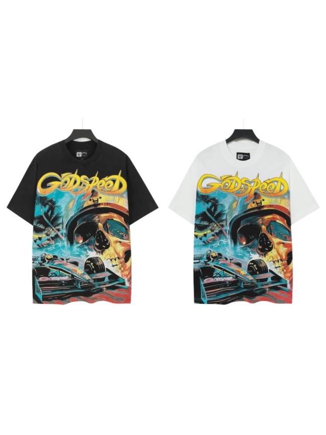 Godspeed Streetwear Front Helmet Skeleton Race Car Palm Tree Island Cursive Letter Print T-Shirt 2 colors 29353551