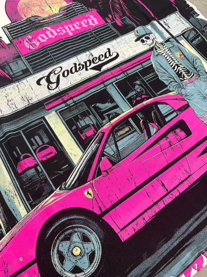 Godspeed Streetwear Front Pink White Gradient Cursive Script Cowboy Skeleton Pink Sports Car Palm Tree Sunset Storefront T-Shirt 2 colors 29353195