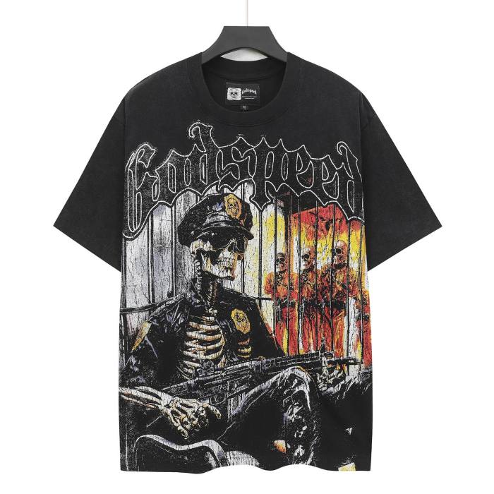 Godspeed Prison Gang Graphic Streetwear Front Armed Police Skeleton Jail Cell Iron Bars Inmate Silhouette White Gothic Letter Print T-Shirt 29354871