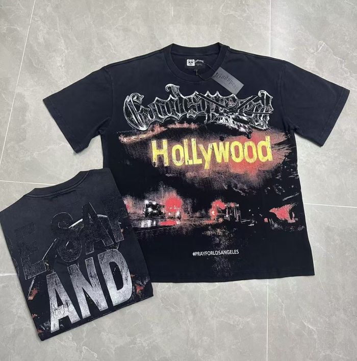 Godspeed La Disaster Graphic Streetwear Front Helicopter Burning Hollywood Landmark Fire Smoke Police Car Silver Gothic Letter Print T-Shirt 2 colors 29354882