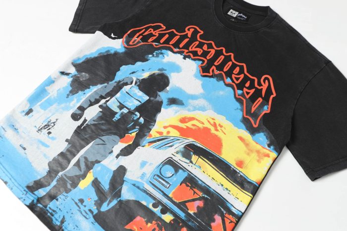 Godspeed Retro Explosion Street Graphic Streetwear Front Tactical Gear Man Burned Sedan Fire Smoke Orange Outline Gothic Letter Print T-Shirt 2 colors 29354646