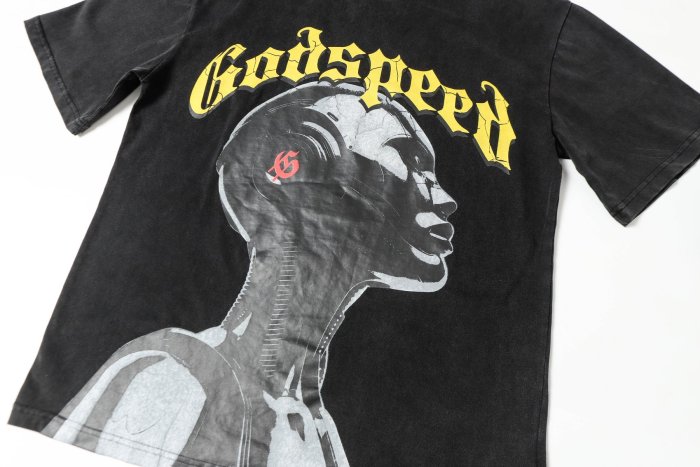 Godspeed Y2K Hip Hop Streetwear Front Yellow 3D Gothic Script Side Profile Mechanical Female Robot Small Red Symbol Print T-Shirt 29354647