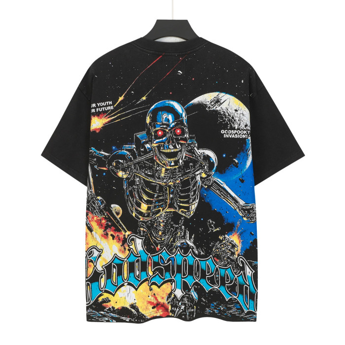 Godspeed Retro Interstellar Sci Fi Graphic Streetwear Front Gun Shooting Mechanical Red Eye Skeleton Planet Star Meteor Gothic Letter Print T-Shirt 29354637
