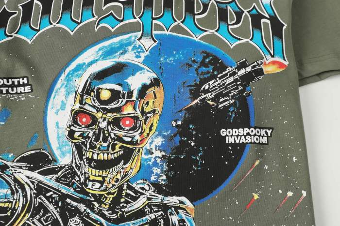 Godspeed Interstellar Sci Fi Graphic Streetwear Front Gun Shooting Mechanical Red Eye Skeleton Planet Star Meteor Gothic Letter Print T-Shirt 29354872