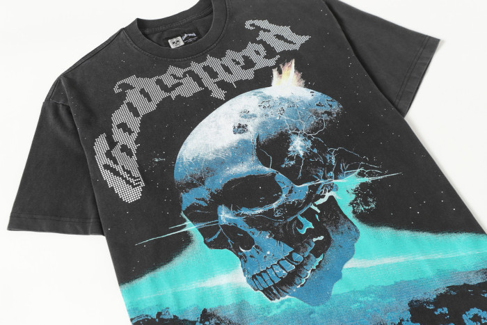 Godspeed Cosmic Dark Hip Hop Streetwear Front White Dot Halftone Gothic Script Crackle Meteor Planet Skull Cyan Nebula Starry Space Graphic T-Shirt 29354632