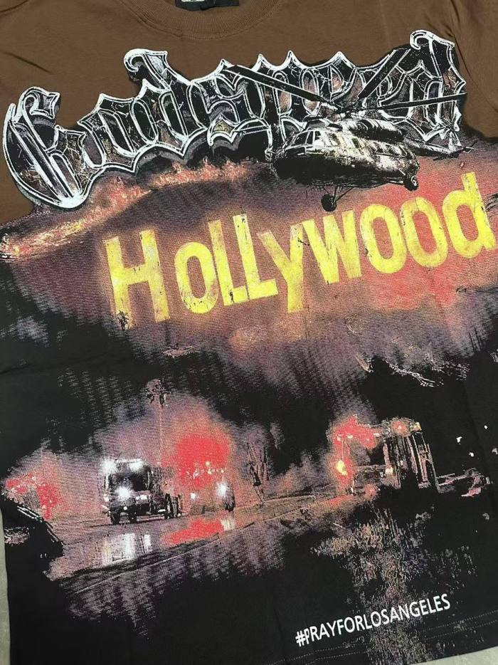 Godspeed La Disaster Graphic Streetwear Front Helicopter Burning Hollywood Landmark Fire Smoke Police Car Silver Gothic Letter Print T-Shirt 2 colors 29354882