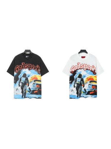 Godspeed Retro Explosion Street Graphic Streetwear Front Tactical Gear Man Burned Sedan Fire Smoke Orange Outline Gothic Letter Print T-Shirt 2 colors 29354646