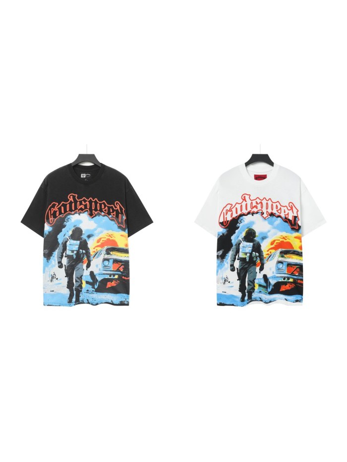 Godspeed Retro Explosion Street Graphic Streetwear Front Tactical Gear Man Burned Sedan Fire Smoke Orange Outline Gothic Letter Print T-Shirt 2 colors 29354646