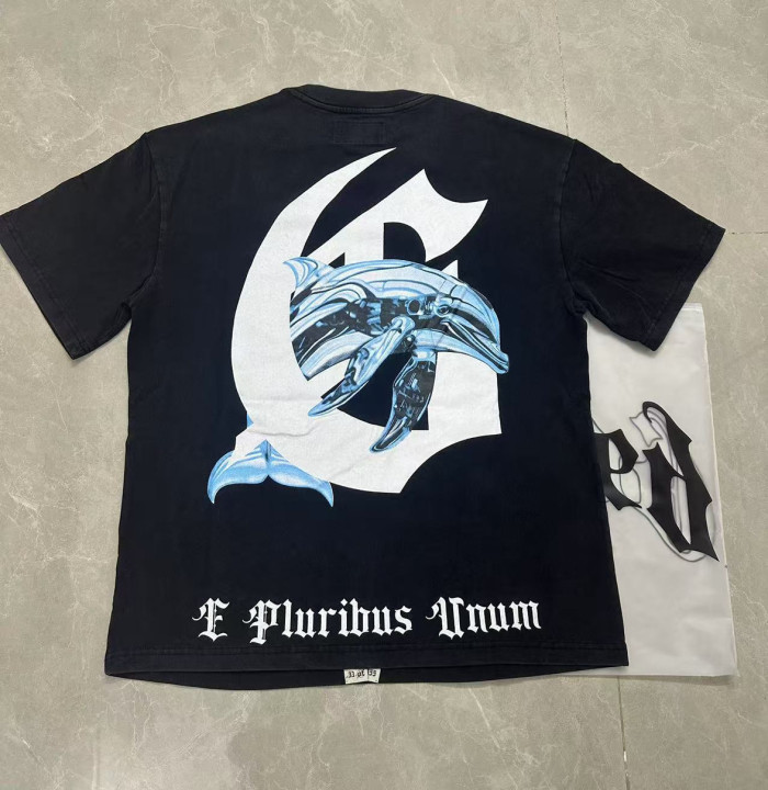 Godspeed Y2K Ocean Hip Hop Streetwear Front Bold Block Letter I Red Heart Mechanical Cyan Dolphin Graphic T-Shirt 29354630