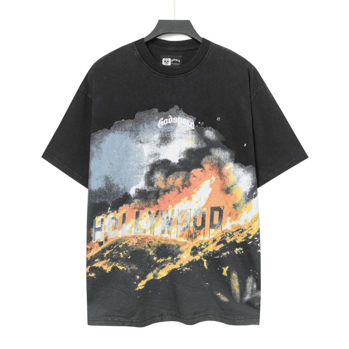 Godspeed Retro California Street Graphic Streetwear Front Burning Hollywood Landmark Fire Smoke Cursive Letter Print T-Shirt 2 colors 29354638