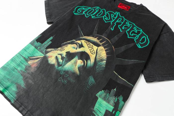 Godspeed Retro Mystic Urban Graphic Streetwear Front Half Submerged Liberty Statue City Water Gothic Letter Print T-Shirt 2 colors 29354654
