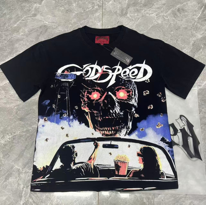 Godspeed Retro Drive In Movie Graphic Streetwear Front Convertible Car Couple Popcorn Giant Red Eye Skull Gothic Letter Print T-Shirt 29354633