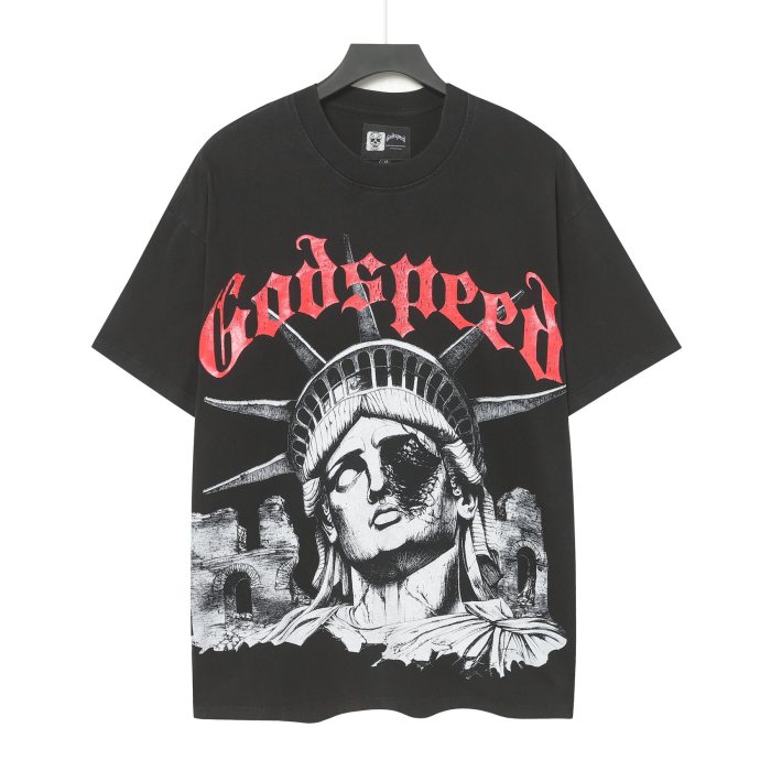 Godspeed Dark Patriotic Graphic Streetwear Front Cracked Mechanical Eye Liberty Statue Ruined Brick Ruins Gothic Letter Print T-Shirt 2 colors 29354790