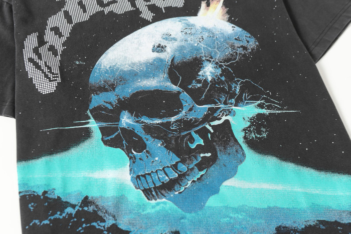 Godspeed Cosmic Dark Hip Hop Streetwear Front White Dot Halftone Gothic Script Crackle Meteor Planet Skull Cyan Nebula Starry Space Graphic T-Shirt 29354632