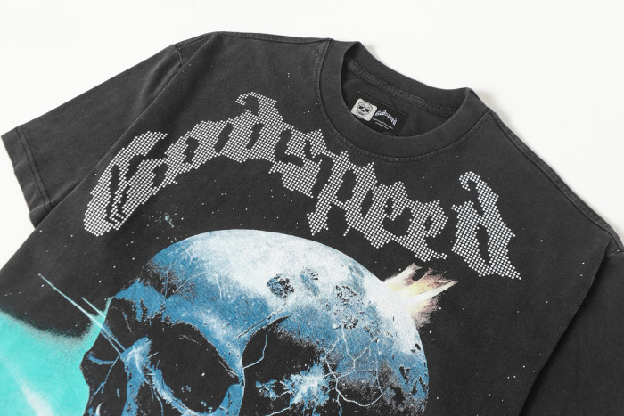 Godspeed Cosmic Dark Hip Hop Streetwear Front White Dot Halftone Gothic Script Crackle Meteor Planet Skull Cyan Nebula Starry Space Graphic T-Shirt 29354632