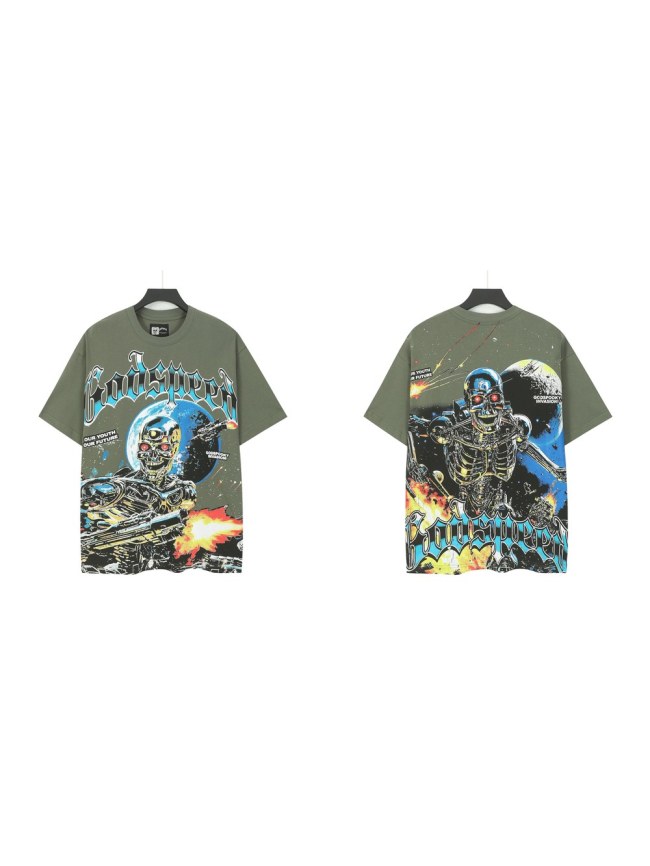 Godspeed Interstellar Sci Fi Graphic Streetwear Front Gun Shooting Mechanical Red Eye Skeleton Planet Star Meteor Gothic Letter Print T-Shirt 29354872