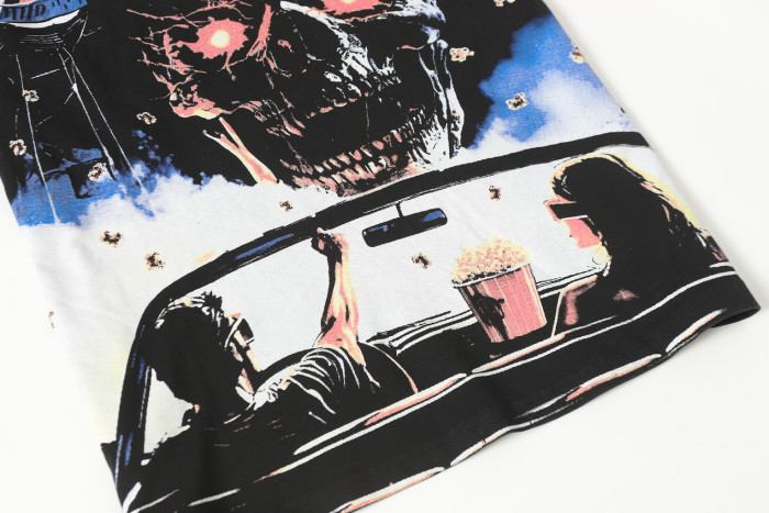 Godspeed Retro Drive In Movie Graphic Streetwear Front Convertible Car Couple Popcorn Giant Red Eye Skull Gothic Letter Print T-Shirt 29354633