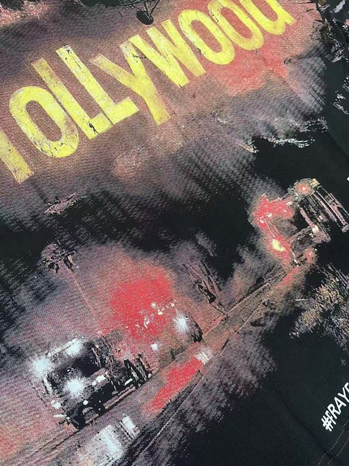 Godspeed La Disaster Graphic Streetwear Front Helicopter Burning Hollywood Landmark Fire Smoke Police Car Silver Gothic Letter Print T-Shirt 2 colors 29354882