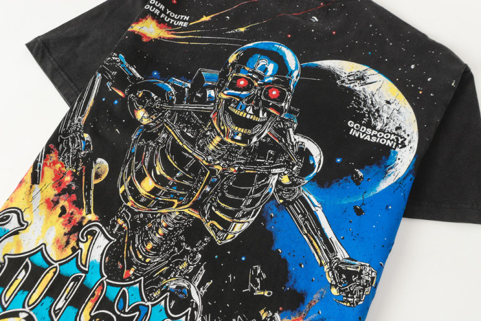 Godspeed Retro Interstellar Sci Fi Graphic Streetwear Front Gun Shooting Mechanical Red Eye Skeleton Planet Star Meteor Gothic Letter Print T-Shirt 29354637