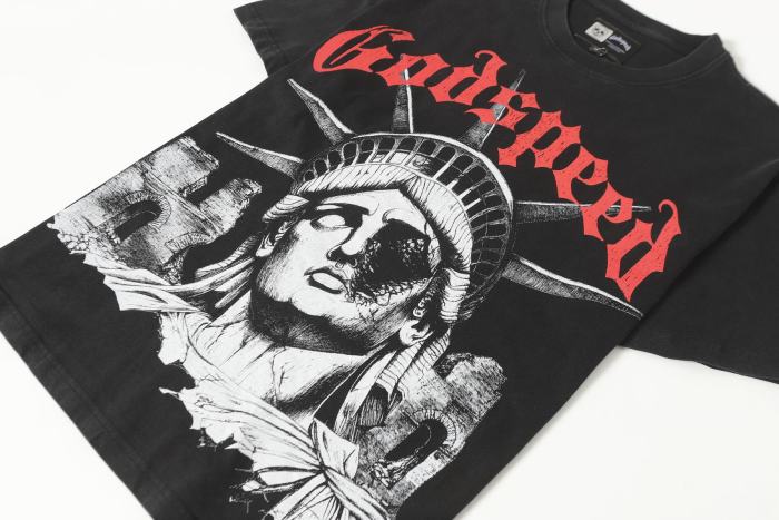 Godspeed Dark Patriotic Graphic Streetwear Front Cracked Mechanical Eye Liberty Statue Ruined Brick Ruins Gothic Letter Print T-Shirt 2 colors 29354790