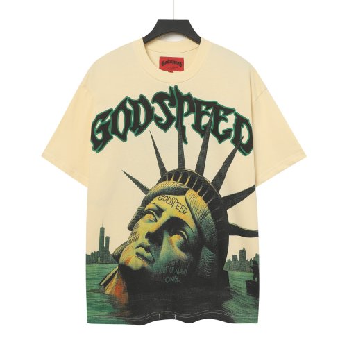 Godspeed Retro Mystic Urban Graphic Streetwear Front Half Submerged Liberty Statue City Water Gothic Letter Print T-Shirt 2 colors 29354654