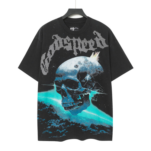 Godspeed Cosmic Dark Hip Hop Streetwear Front White Dot Halftone Gothic Script Crackle Meteor Planet Skull Cyan Nebula Starry Space Graphic T-Shirt 29354632