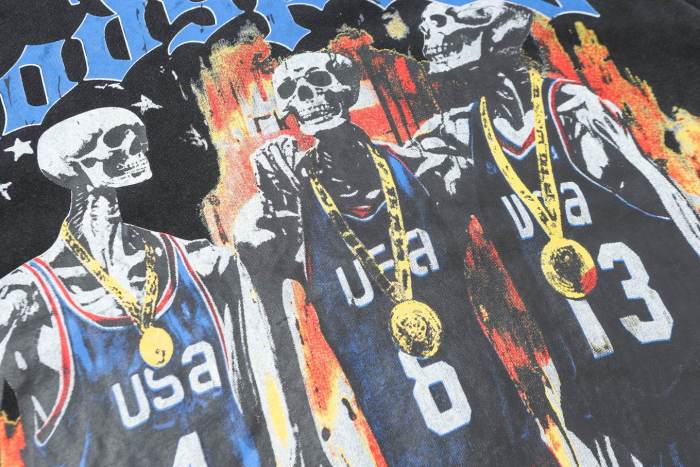 Godspeed Olympic Basketball Graphic Streetwear Front Three USA Basketball Skeleton Players Gold Medal Chain Gothic Letter Print T-Shirt 2 colors 29354650