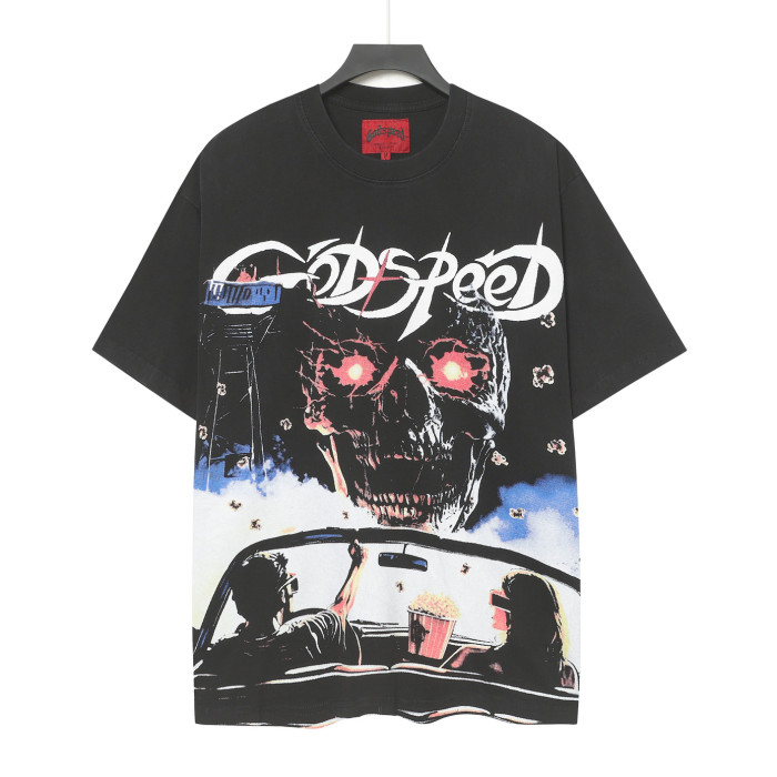 Godspeed Retro Drive In Movie Graphic Streetwear Front Convertible Car Couple Popcorn Giant Red Eye Skull Gothic Letter Print T-Shirt 29354633