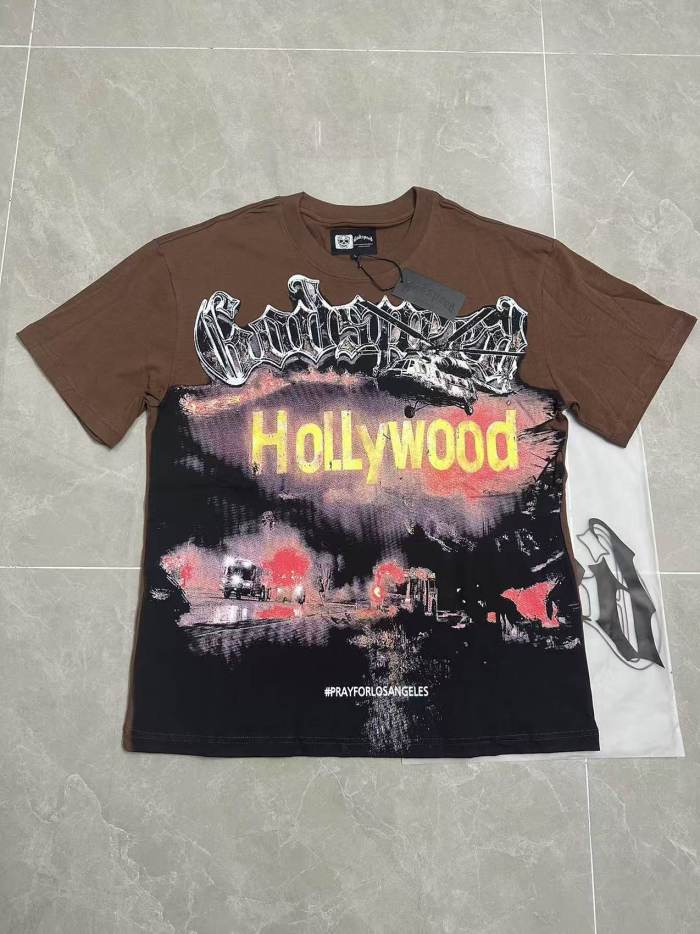 Godspeed La Disaster Graphic Streetwear Front Helicopter Burning Hollywood Landmark Fire Smoke Police Car Silver Gothic Letter Print T-Shirt 2 colors 29354882