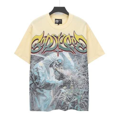 Godspeed Herbal Farm Graphic Streetwear Front Full Hazmat Suit Skeleton Grower Smoking Herbal Plant Bushes Gradient Gothic Letter Print T-Shirt 2 colors 29354821