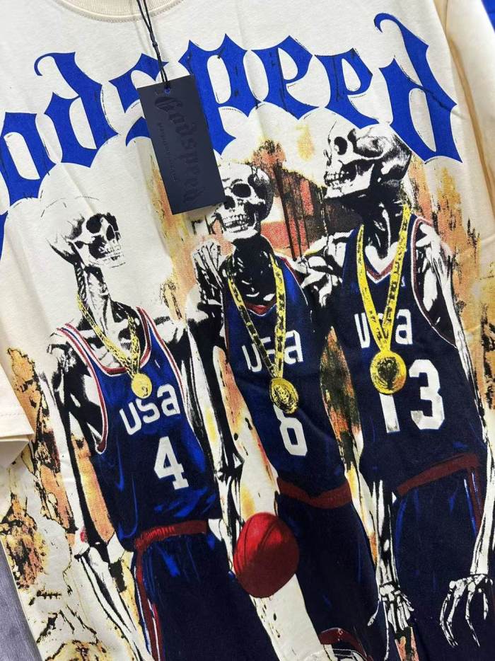 Godspeed Olympic Basketball Graphic Streetwear Front Three USA Basketball Skeleton Players Gold Medal Chain Gothic Letter Print T-Shirt 2 colors 29354650