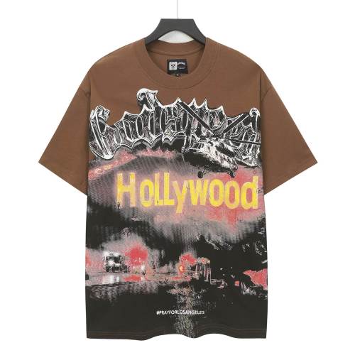 Godspeed La Disaster Graphic Streetwear Front Helicopter Burning Hollywood Landmark Fire Smoke Police Car Silver Gothic Letter Print T-Shirt 2 colors 29354882
