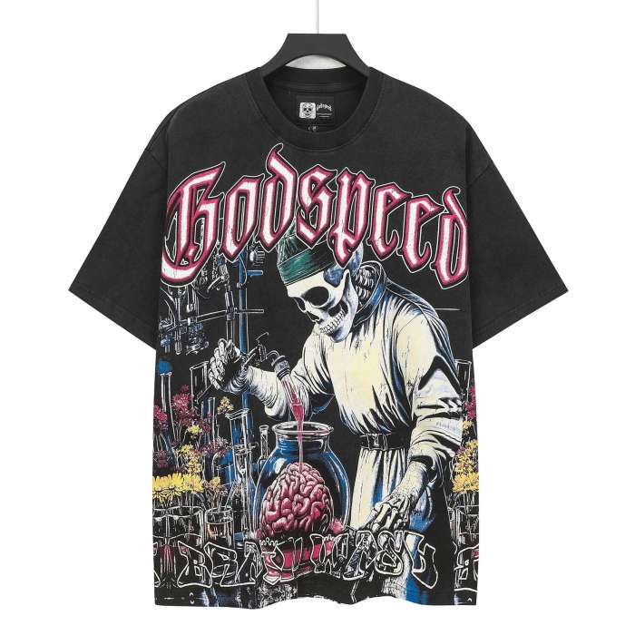 Godspeed Mad Scientist Graphic Streetwear Front Lab Coat Skeleton Surgeon Human Brain Glass Beaker Floral Lab Gear Pink Outline Gothic Letter T-Shirt 2 colors 29354869