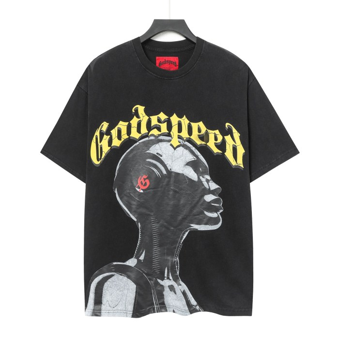 Godspeed Y2K Hip Hop Streetwear Front Yellow 3D Gothic Script Side Profile Mechanical Female Robot Small Red Symbol Print T-Shirt 29354647