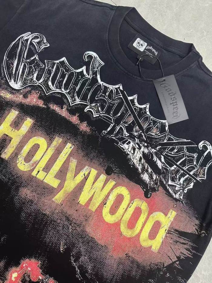 Godspeed La Disaster Graphic Streetwear Front Helicopter Burning Hollywood Landmark Fire Smoke Police Car Silver Gothic Letter Print T-Shirt 2 colors 29354882