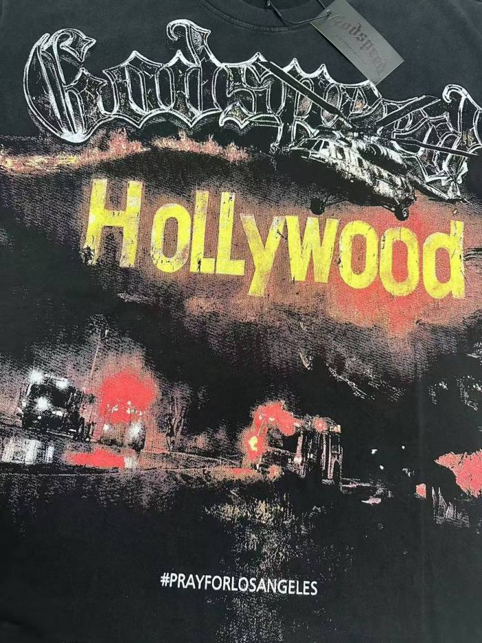Godspeed La Disaster Graphic Streetwear Front Helicopter Burning Hollywood Landmark Fire Smoke Police Car Silver Gothic Letter Print T-Shirt 2 colors 29354882