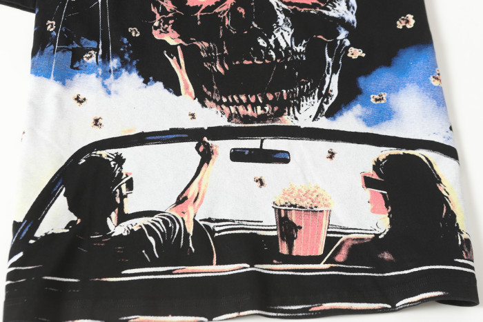 Godspeed Retro Drive In Movie Graphic Streetwear Front Convertible Car Couple Popcorn Giant Red Eye Skull Gothic Letter Print T-Shirt 29354633