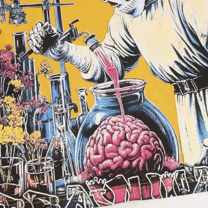 Godspeed Mad Scientist Graphic Streetwear Front Lab Coat Skeleton Surgeon Human Brain Glass Beaker Floral Lab Gear Pink Outline Gothic Letter T-Shirt 2 colors 29354869