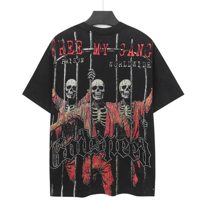Godspeed Prison Gang Graphic Streetwear Front Armed Police Skeleton Jail Cell Iron Bars Inmate Silhouette White Gothic Letter Print T-Shirt 29354871