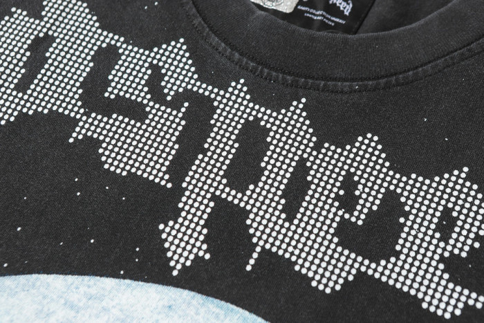 Godspeed Cosmic Dark Hip Hop Streetwear Front White Dot Halftone Gothic Script Crackle Meteor Planet Skull Cyan Nebula Starry Space Graphic T-Shirt 29354632