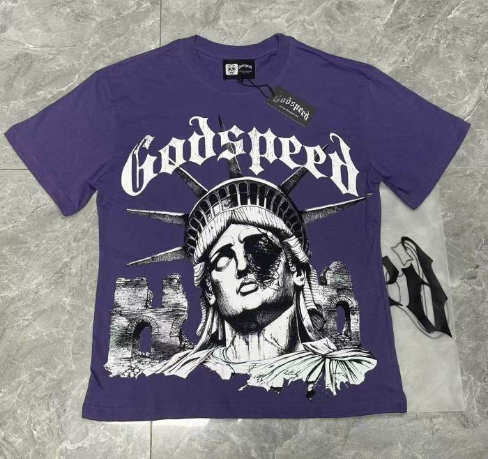 Godspeed Dark Patriotic Graphic Streetwear Front Cracked Mechanical Eye Liberty Statue Ruined Brick Ruins Gothic Letter Print T-Shirt 2 colors 29354790